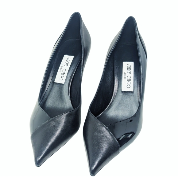 JIMMY CHOO Cass 95 Black Nappa and Patent Leather Pumps  New Jimmy Choo Cass 95 Black Nappa & Patent Pointed Pump Size EU 38.5